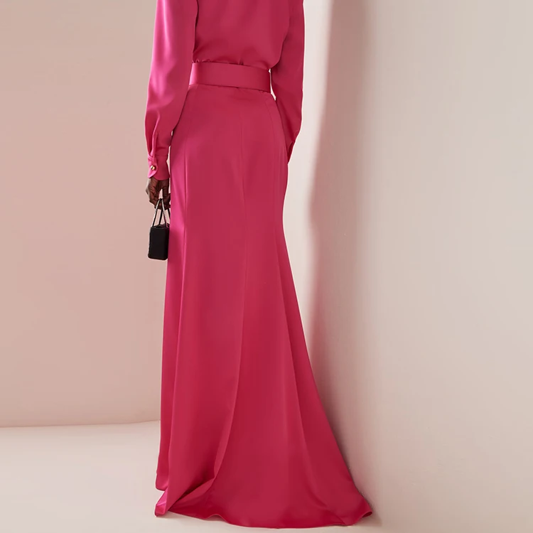 Custom Fashion Luxury  Hot Pink Lined Satin Floor Length Belted Fit and Flare Seamed Maxi Wholesale Elegant Lady Skirt