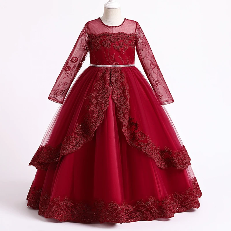 Teens Girls Lace Long Sleeve Princess Dress Kids Beaded Christmas Evening Party Gown Flower Girls Wedding Dress