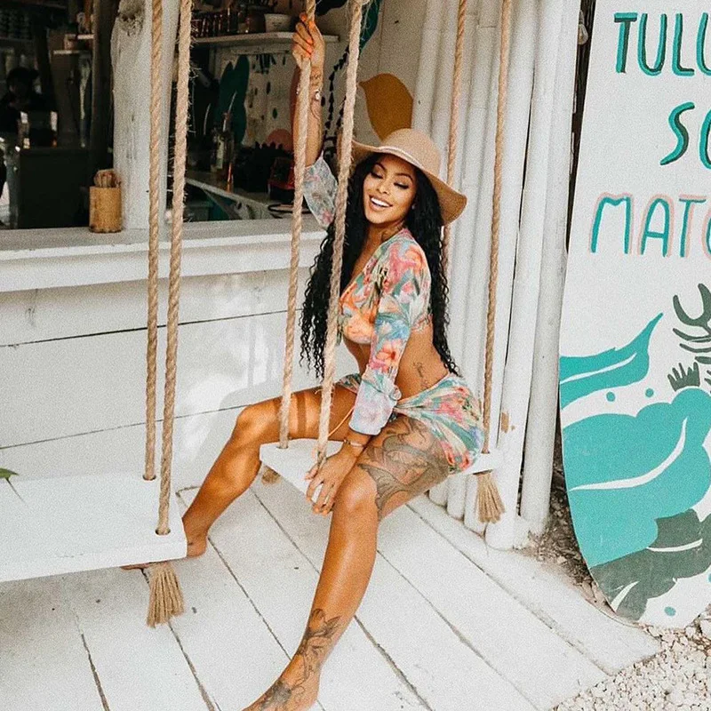 Wholesale 2021 new spring clothings floral mesh long sleeves crop top lace up skirt sets for women