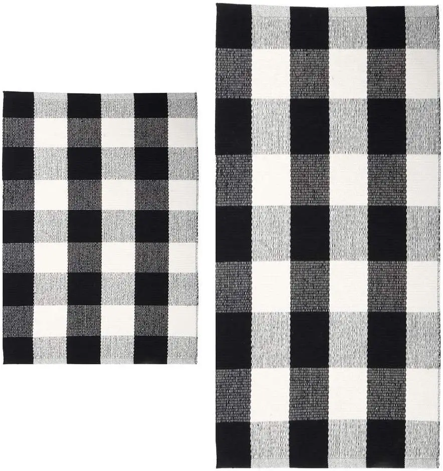 Wholesale Hand Woven Cotton Black and White Check Buffalo Plaid Rug