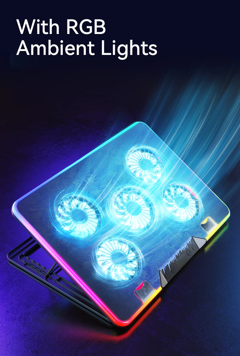 RGB Laptop Cooling Pad with 5 Cooling Fans Ergonomic Comfort Notebook Cooler Light-Weight Gaming Laptop Cooler Stand