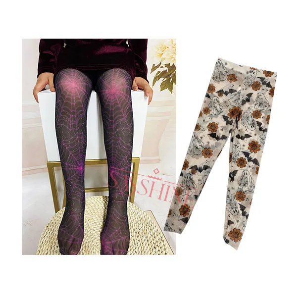 Wholesale Pumpkin Printed Cotton and Spandex Girls Elastic Tights Halloween Kids Leggings
