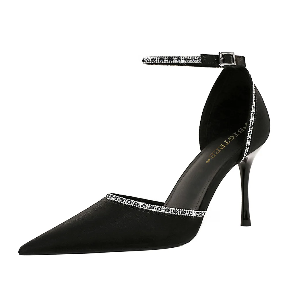 Fashion trendy 2 colors large size 34-43 diamond shoelace black heels luxury design wedding heels for women ladies heels 2022