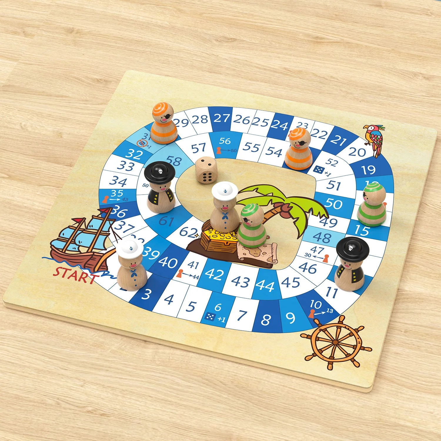 Montessori Kids Educational 2 In 1 Wooden Chess Board Game Sets Popular Pirate Ludo Chess Game And Goose Chess Sets