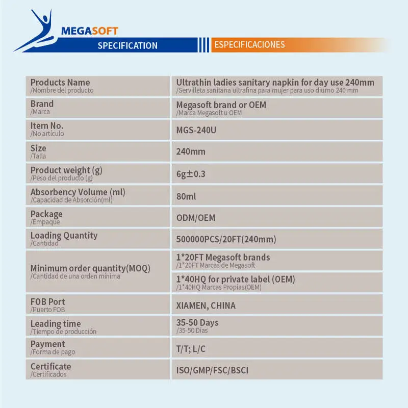 MEGASOFT Ultrathin hygiene products women pads feminine sanitary napkin for day ues 240mm