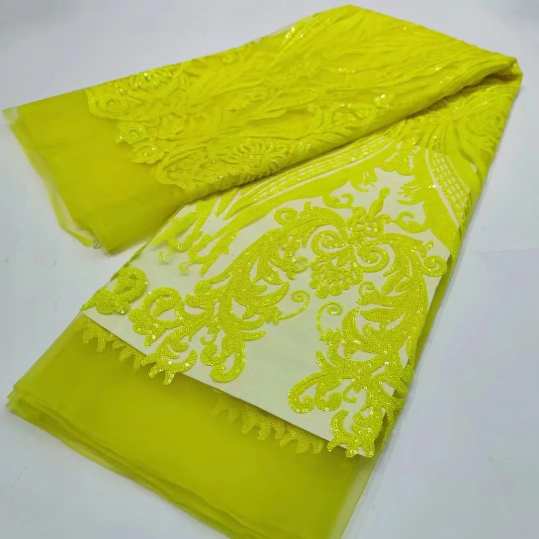 Newest African 100% Polyester Sequin Embroidery Lace Fabric Glitter Green Nigeria Embrideried Mesh Fabric For Wedding Dress