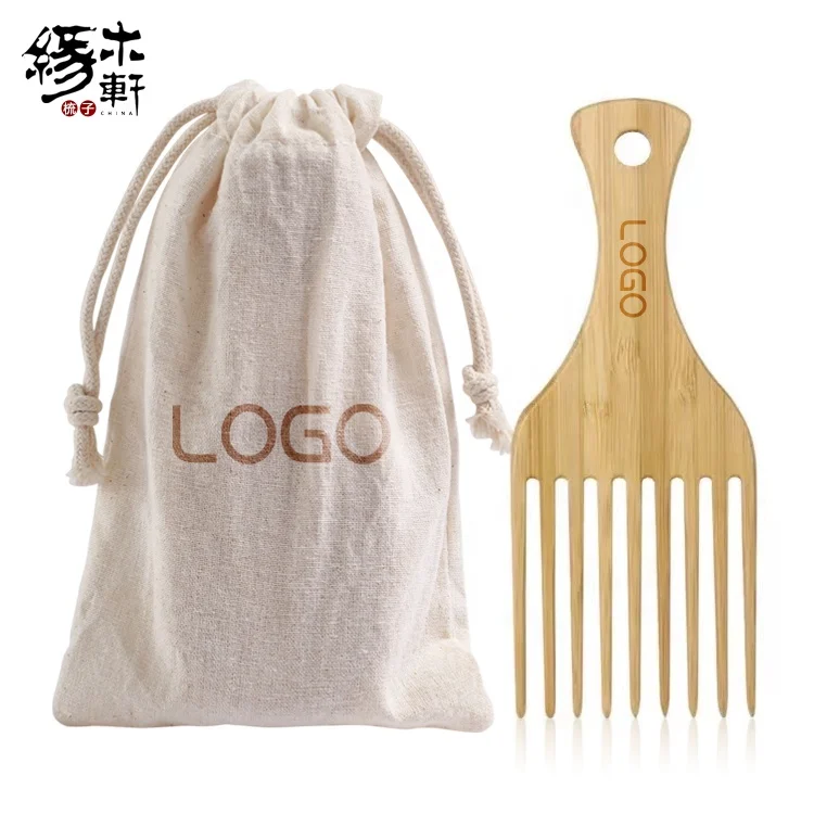 Custom LOGO Wholesale Long Wide Tooth Wooden Hair Pick Comb Afro Bamboo Wood Pick Comb for Curly