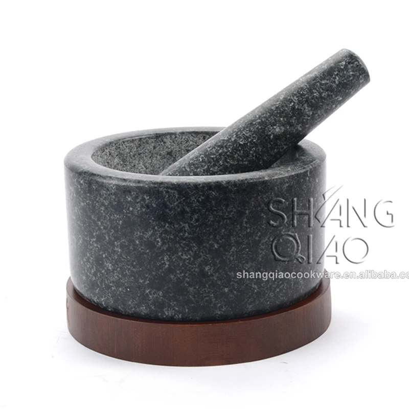 New Coming Polished Black Granite Mortar and Pestle Set with Wooden Base