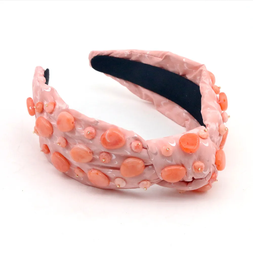 hand sewn irregular beads pink women luxury designer bling beaded furry headband for women