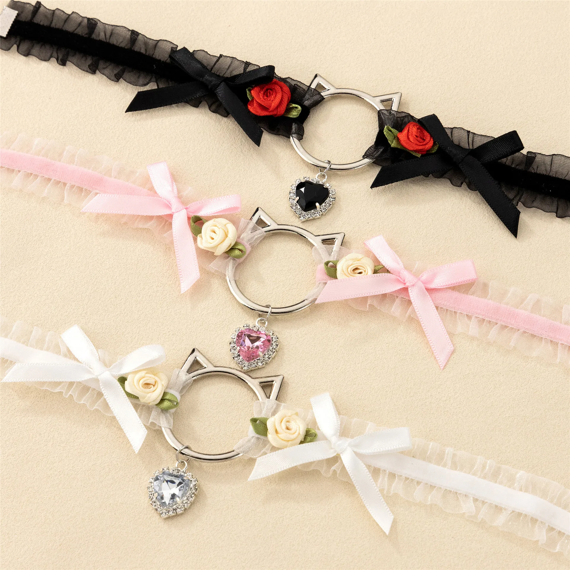 Whole Sale Women Sexy Lolita Cat Head Lace Choker Necklace Jewelry Bowknot Rhinestone Heart Pendent Choker Collar Necklace