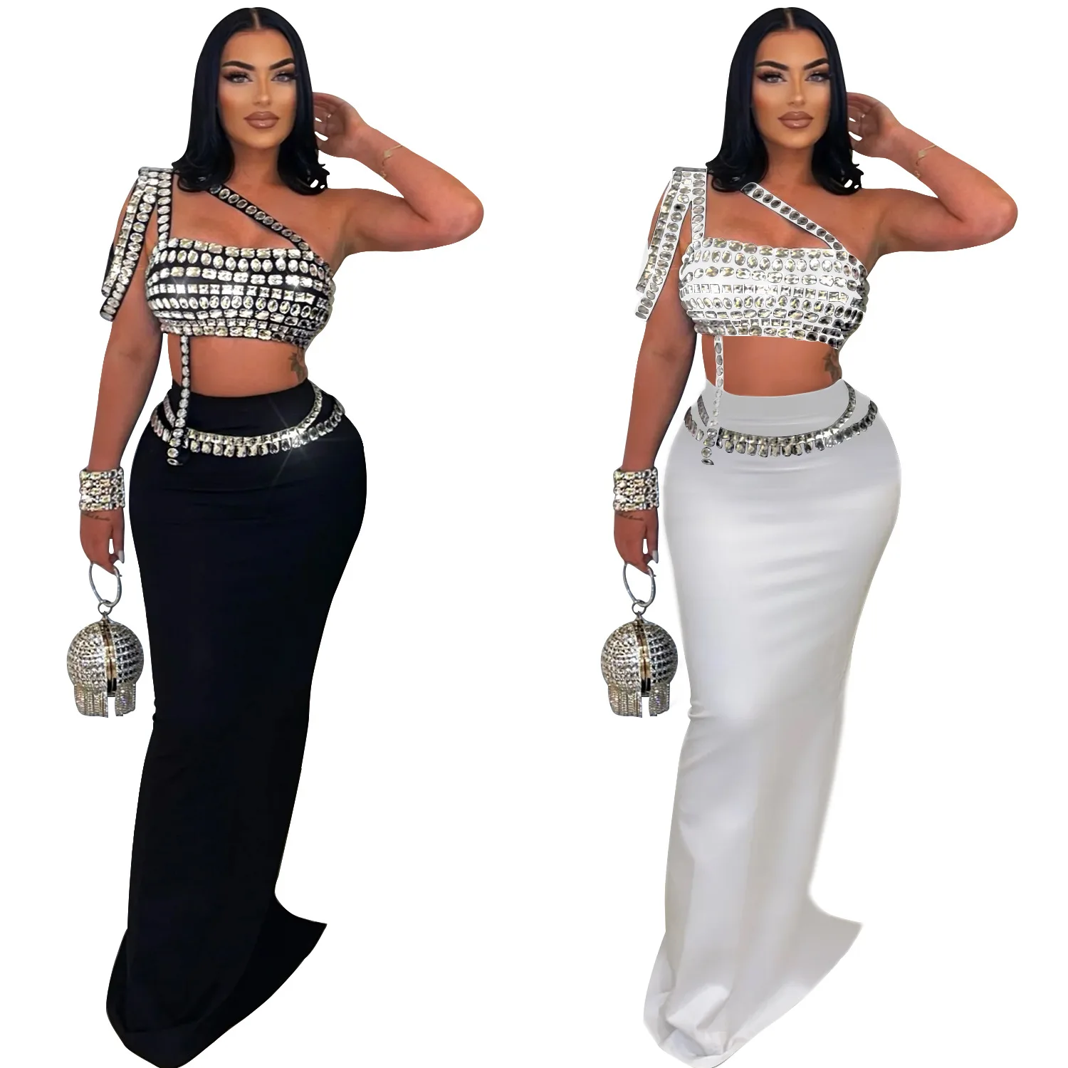 FJL023 New Design 2024 luxury party wear one shoulder crop top and skirt set crystal evening dresses