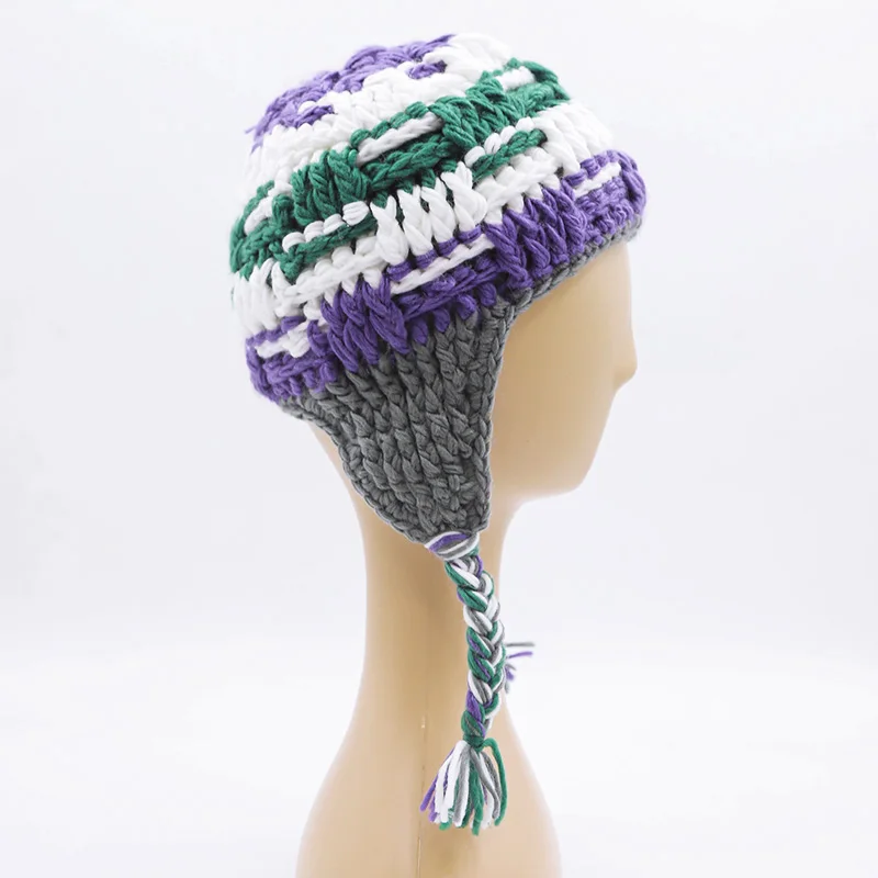 Custom Team Jacquard Pattern Knitted Braids Tassel Ear Flaps Winter Warm Cap Ear Cover Hat