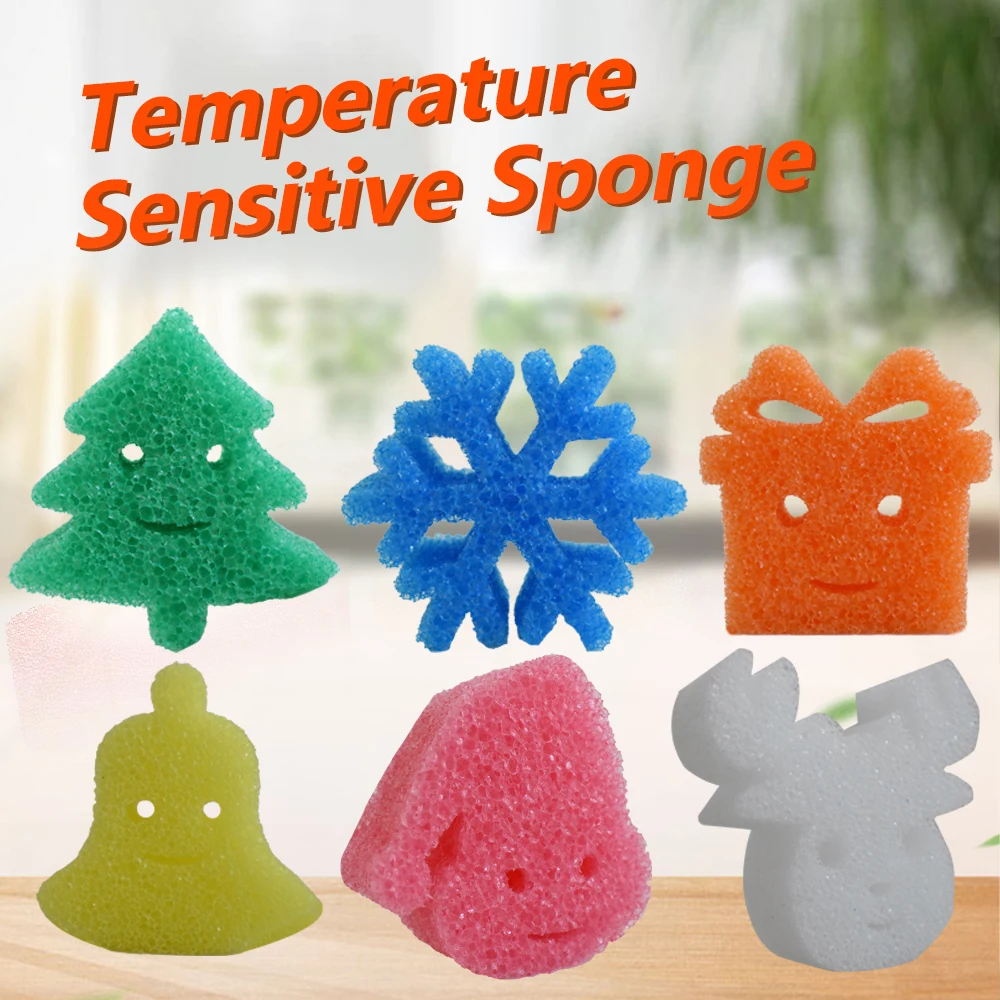 Gentle in hot water Firm in cold Deep clean Dishwasher safe Scrub No scratches Smell Smile Temperature sensitive sponge