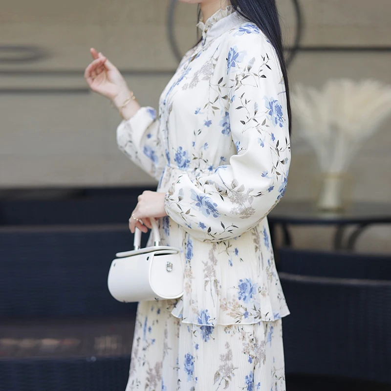 2023 Latest islamic women clothes modest dress long sleeve printed chiffon three layer muslim women dress