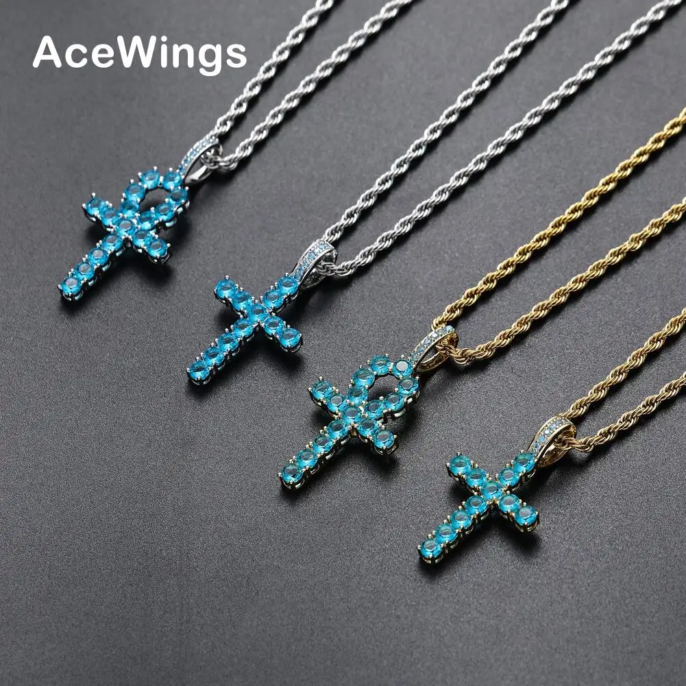 CN184 Blue Zircon Hip Hop Anha cross Pendant Copper Setting CZ stones Necklace Jewelry for men and women