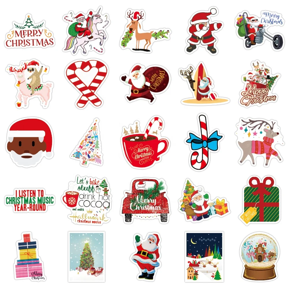 wholesale new 50pcs cartoon christmas DIY sticker Santa Claus Snowman cute expression PVC window notebook waterproof kid sticker