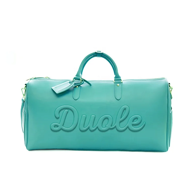 Custom Printed Logo Blue Large Vegan Leather Crossbody Duffle Bags Unisex Weekender Luggage Travel Bags