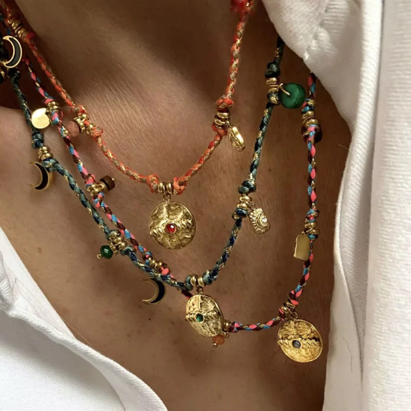 Boho Vintage Colorful Braided Rope Necklace Women 18k Gold Stainless Steel Crystal Enamel Pendant Handwoven Bohemian Necklace