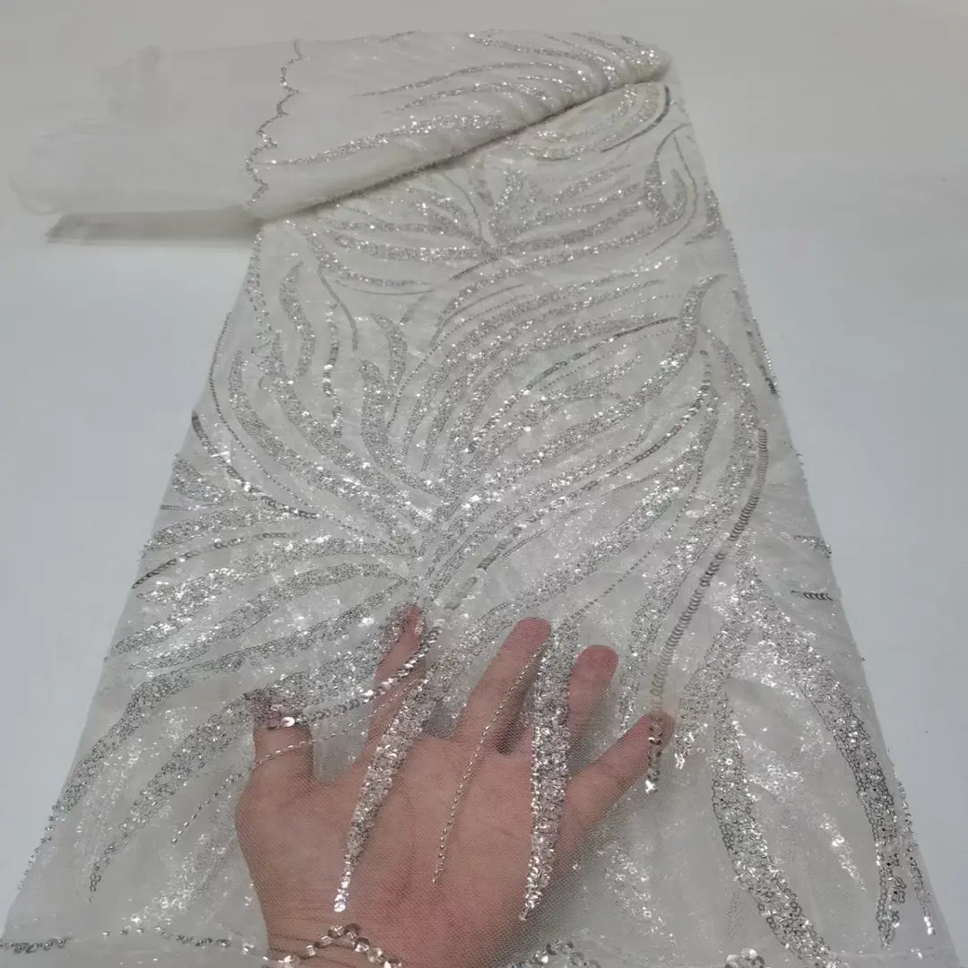 French beautiful sequins beaded lace striped high-end wedding dress fabric
