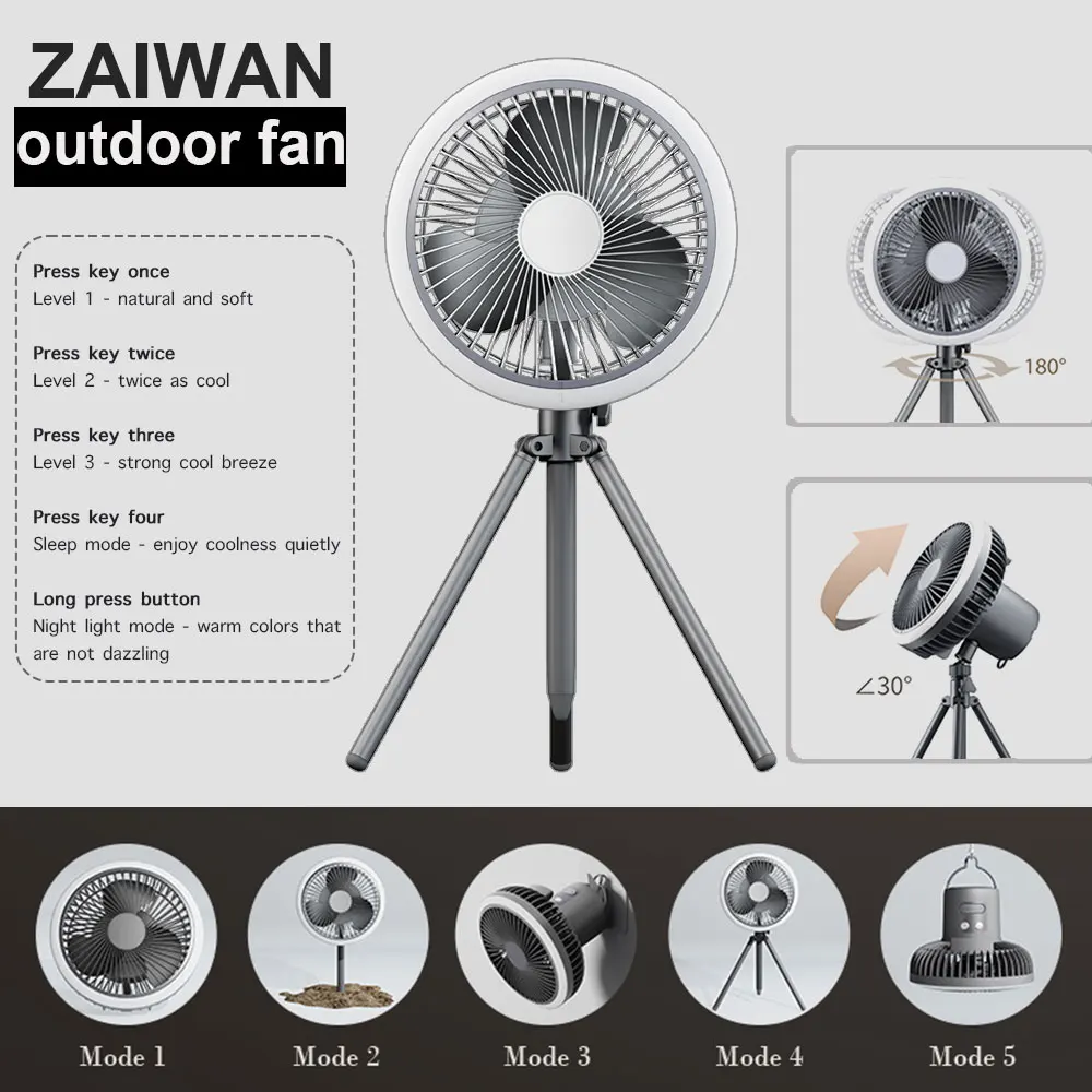 Outdoor tripod fan can shake its head 180 degrees Removable Ceiling standing camping fan portable hook fishing fan