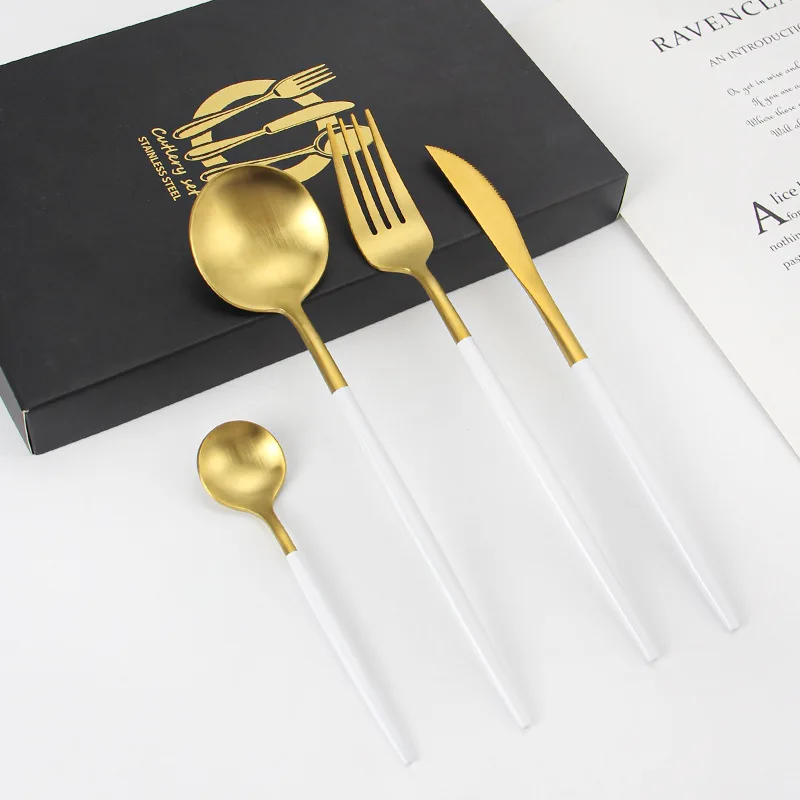 hotel supplies golden catering utensils gold white cutlery set design stainless spoon and fork