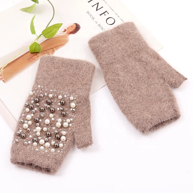 Зимние теплые перчатки 2019, модные перчатки из кроличьего меха для женщин, роскошные мягкие перчатки без пальцев с жемчугом, женские перчатки