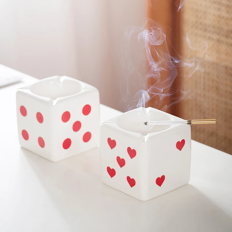 Newest popular White Playing Dice Cube Glazed Ceramic Ashtray Square Cigarette Smoking porcelain Ashtray
