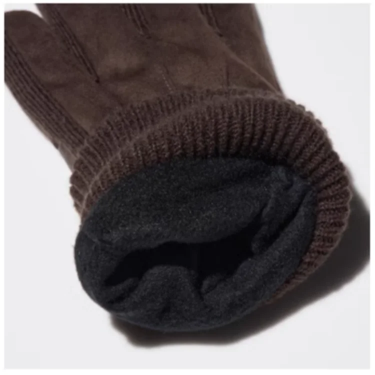 Men Women Winter Cashmere Wool Lined Black Suede Leather Touch Screen Gloves with Knit Cuffs