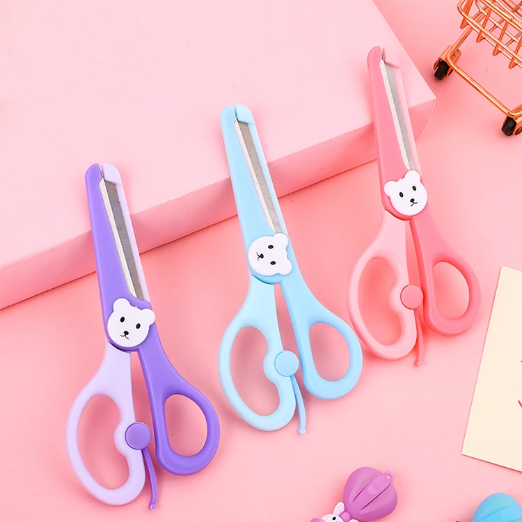 OULE Children Diy5 Inch All-plastic Round Head Cute Bear Scissors Protect Children Safety Stationery Hand Scissors