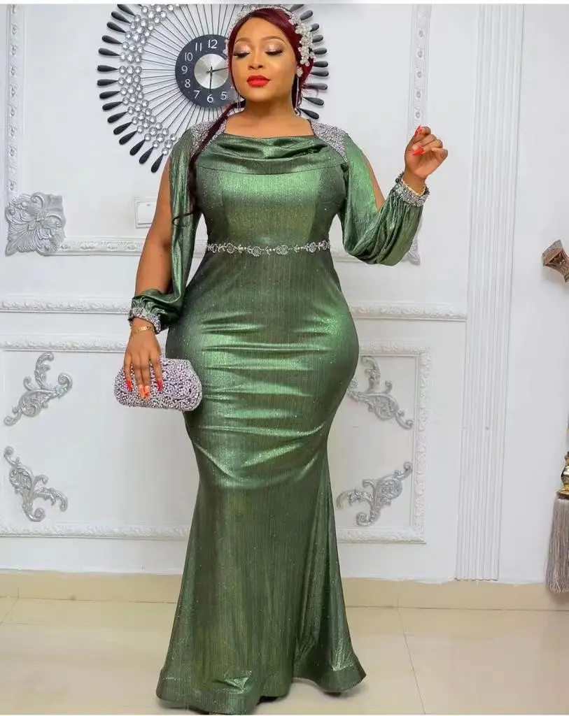 African Women Clothing Stretch Mesh Sequin Evening Slim Fit Fishtail Long Sleeve Round Neck Hot Drilling Dress For Women