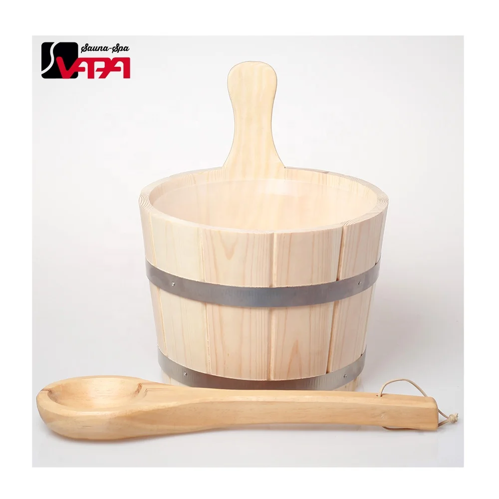 Direct Manufacturer Hot Sale Pine 5L Steel belt Sauna Bucket and Ladles  Metal Thermometer  Sand Timer  Sauna rooms