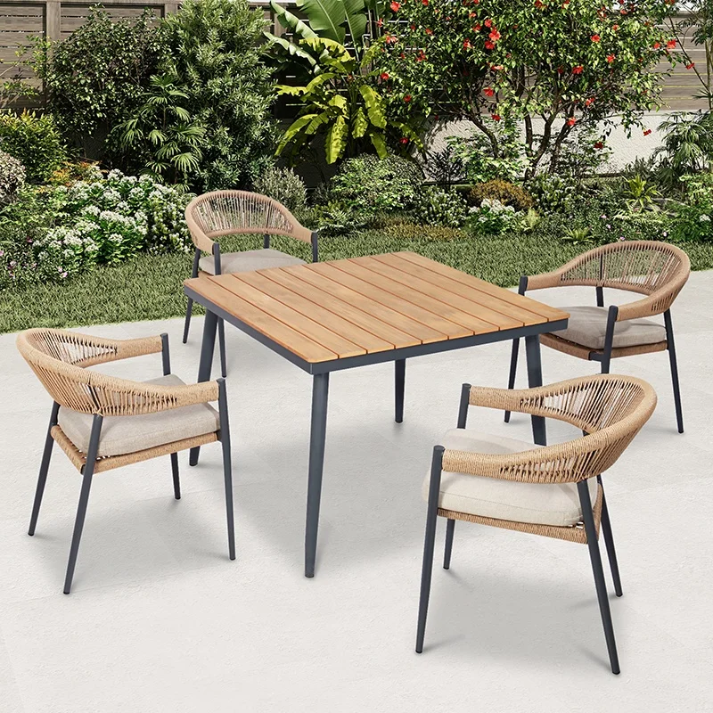 Luxury Stackable Patio 5 Piece Patio Aluminum Dining Set Furniture Outdoor Garden Plastic Wood Table and Rope 4 Seater Chairs