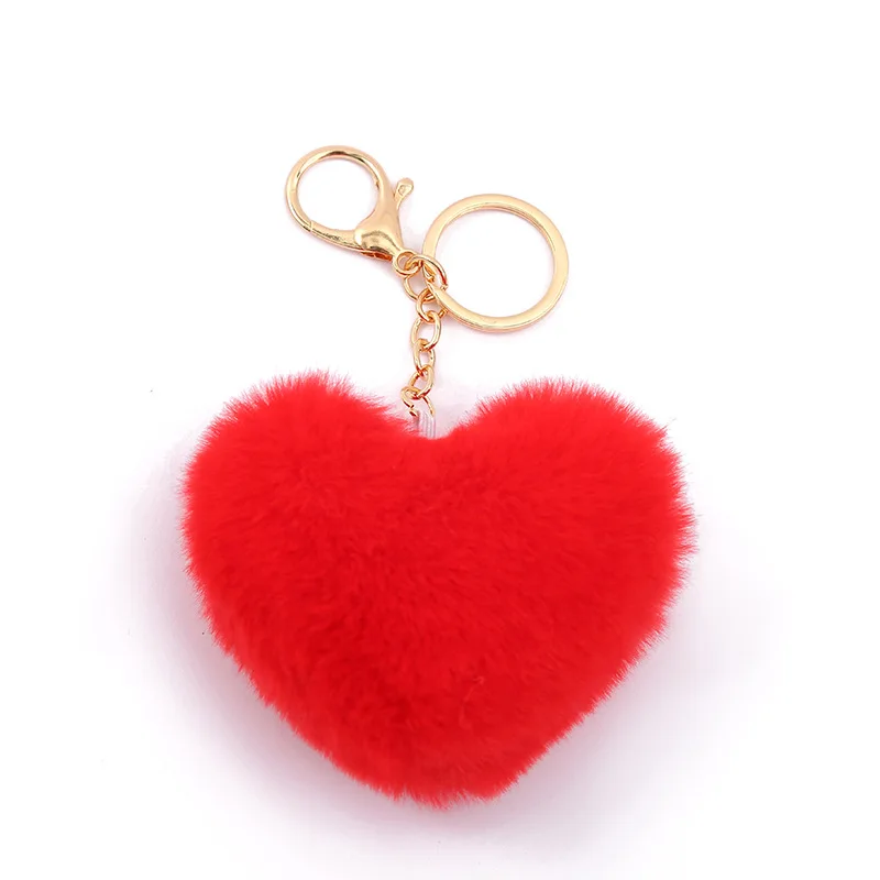 Sweet Heart Shape Fluffy Balls Key Chain Colorful Pom Pom Good Quality Bag Charm Keyring