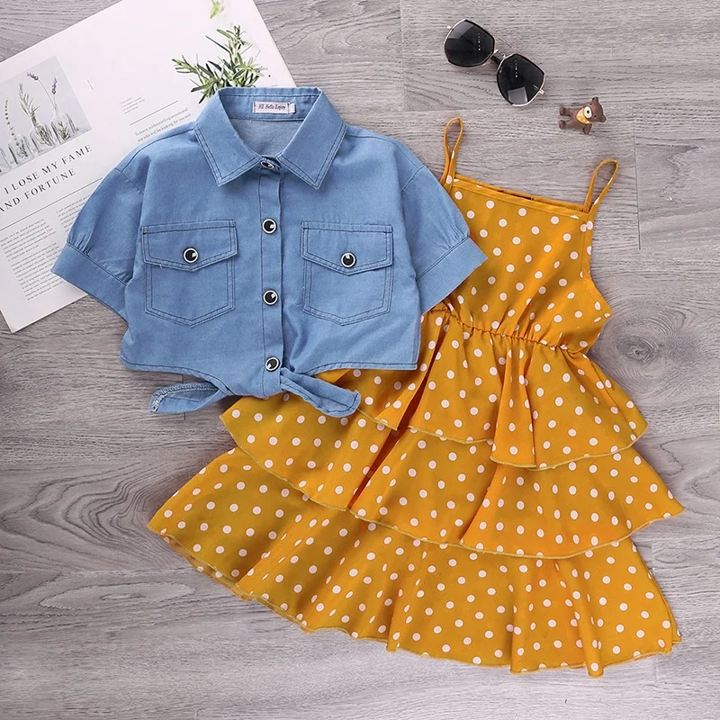 LW 2022 summer spring kids clothing wholesale short sleeve crop denim jacket and polka dot dress girls boutique clothing sets