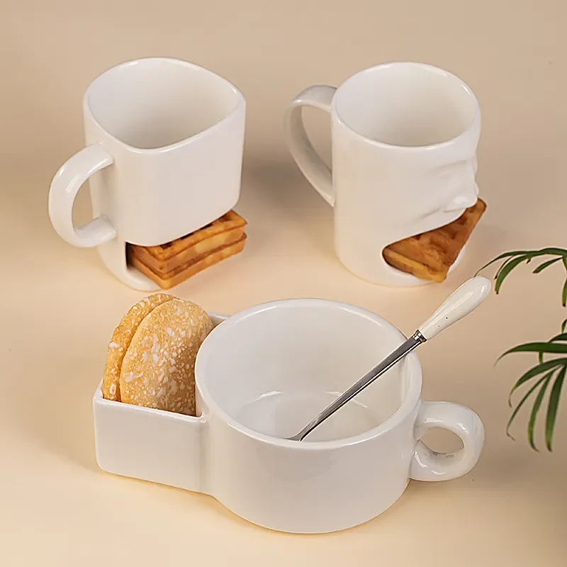 Custom logo ceramic coffee tea milk mug with side cookie pockets new design biscuit cup with cookie holder ceramic