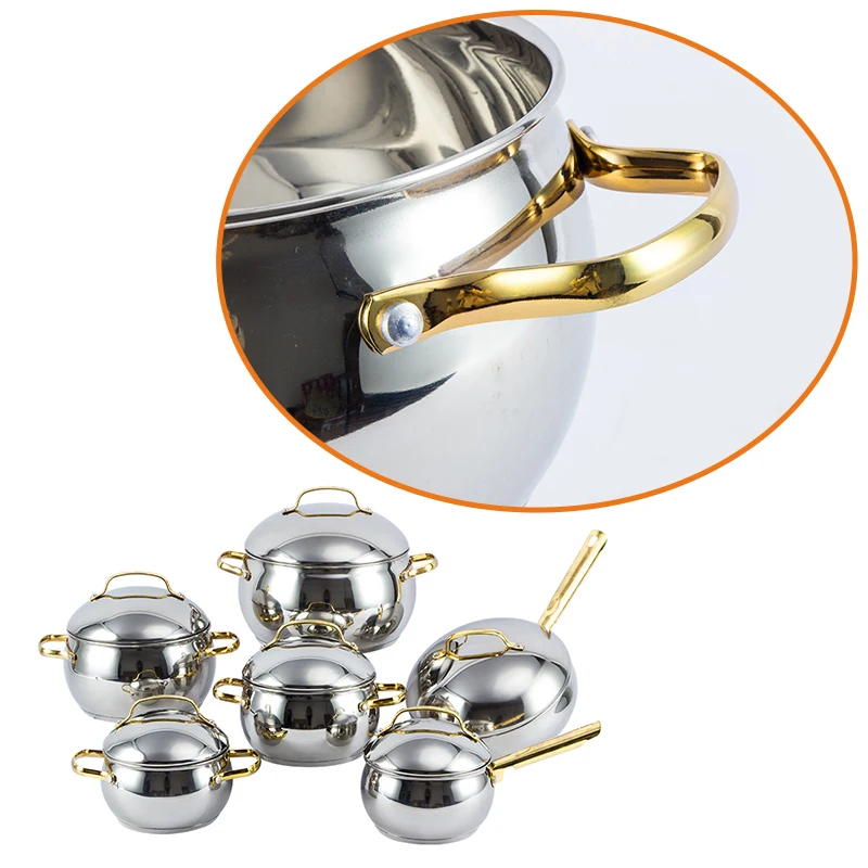 Factory 12 pcs Cookware Set Gold-plated Knob and Handle Stainless Steel Cooking Pot