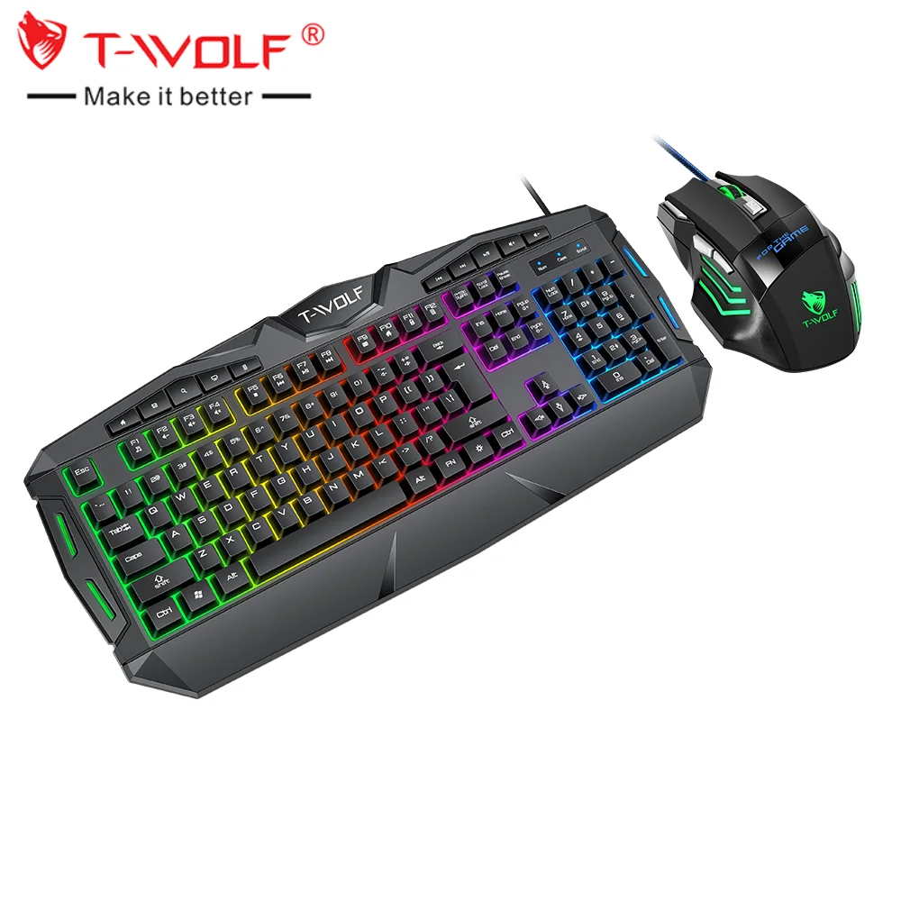 Stock Available Own brand TWOLF 2 IN 1Rainbow Backlight Glow Gaming E-sports Keyboard and Mouse Combos