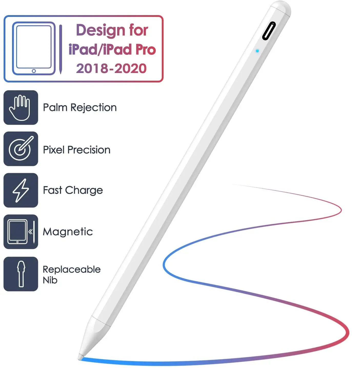 Palm Rejection Smart iPad Pencil with Replaceable Tip for Apple iPad Magnetic with Pro Stylus Pen