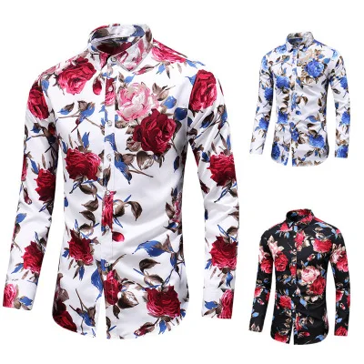 
Hot sale men blouse custom long sleeve flower printed men dress shirts 