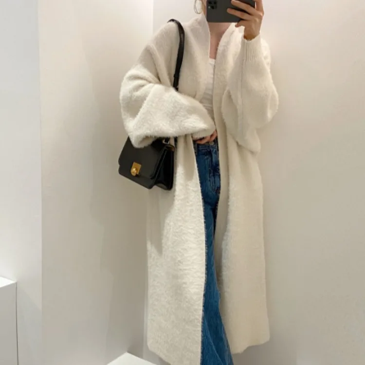 Factory wholesale custom Mink fur long coat women plus size nylon knit sweater cardigan de mujer