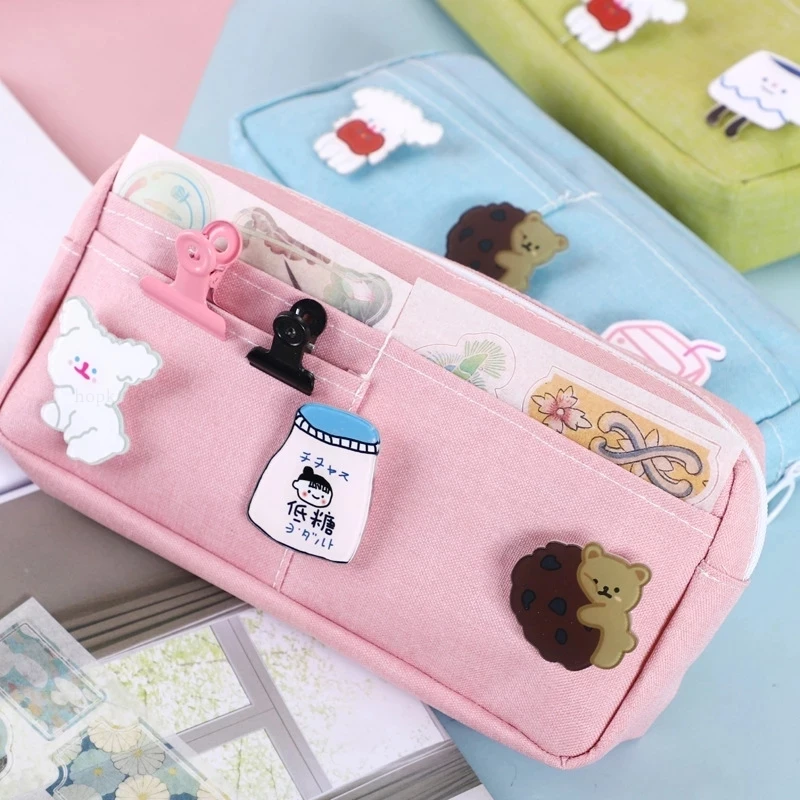 Canvas Pencil Case Cute Animal Badge Pink Pencil Case Large School Pencil Bag Stationery Supplies
