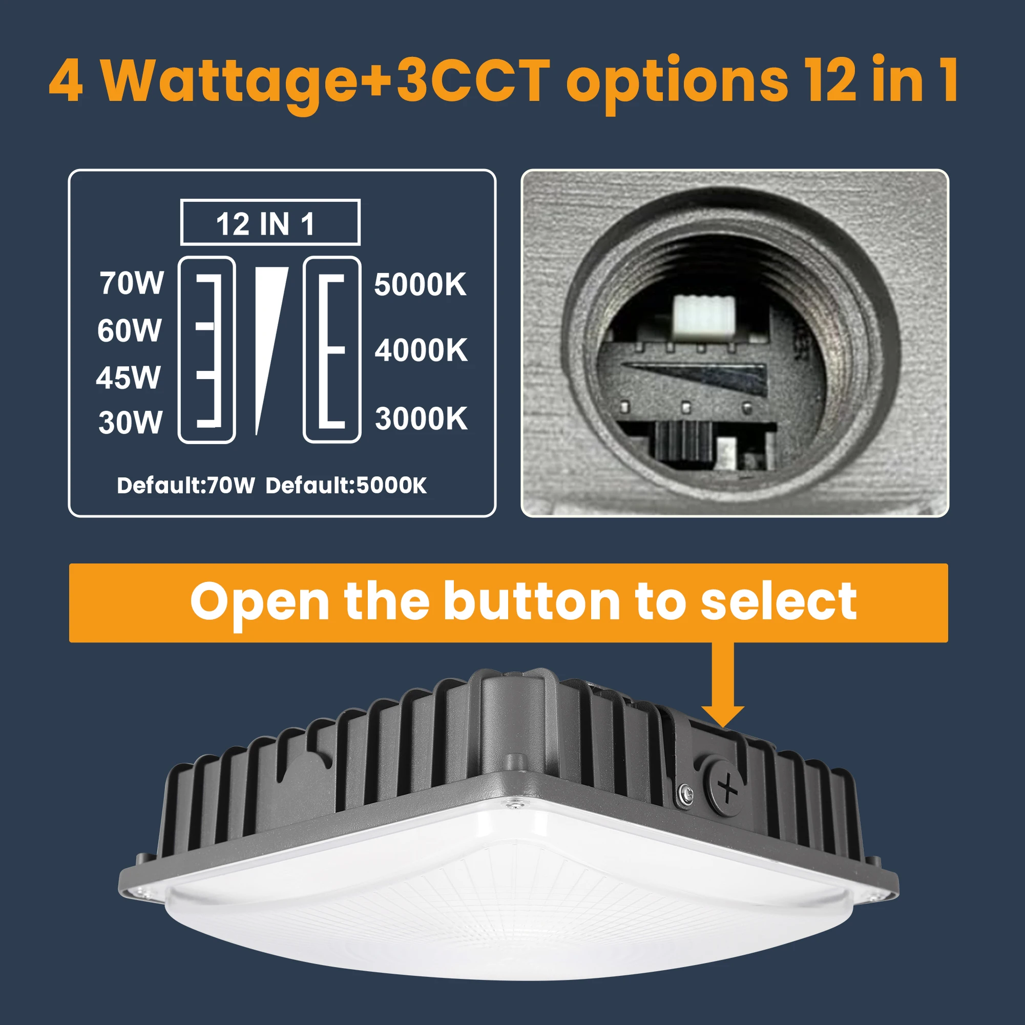ETL/DLC CCT 45W 70W Adjustable Power LED Canopy Light High Lumen 140lm IP65 for Landscape Warehouse Office Use canopy housing