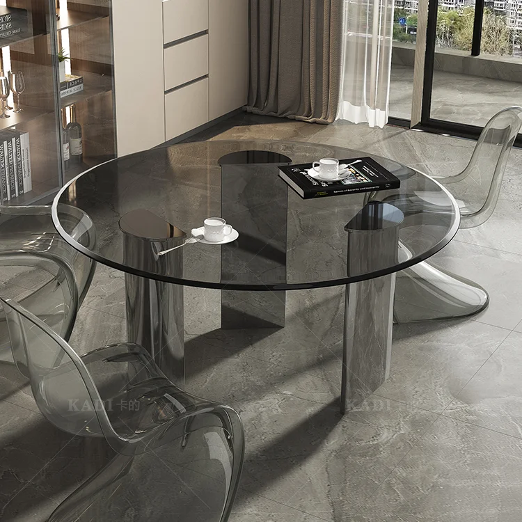 Modern Luxury Stylish Round Glass Dining Table Transparent Top with Turntable Stainless Steel Base 8 Seater Dining Table