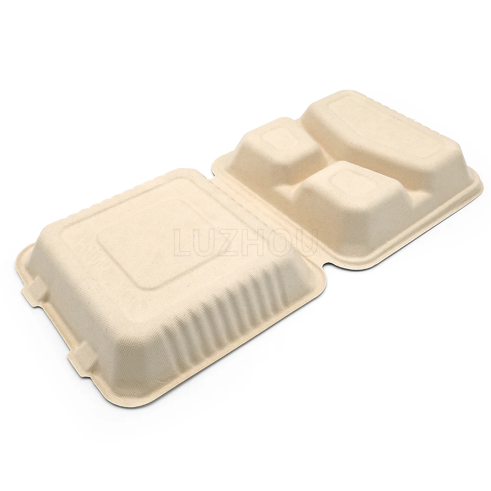 9 inch Bagasse Sugarcane 3 Compartments Lunch Box Biodegradable Compostable Food Containers With Certificates