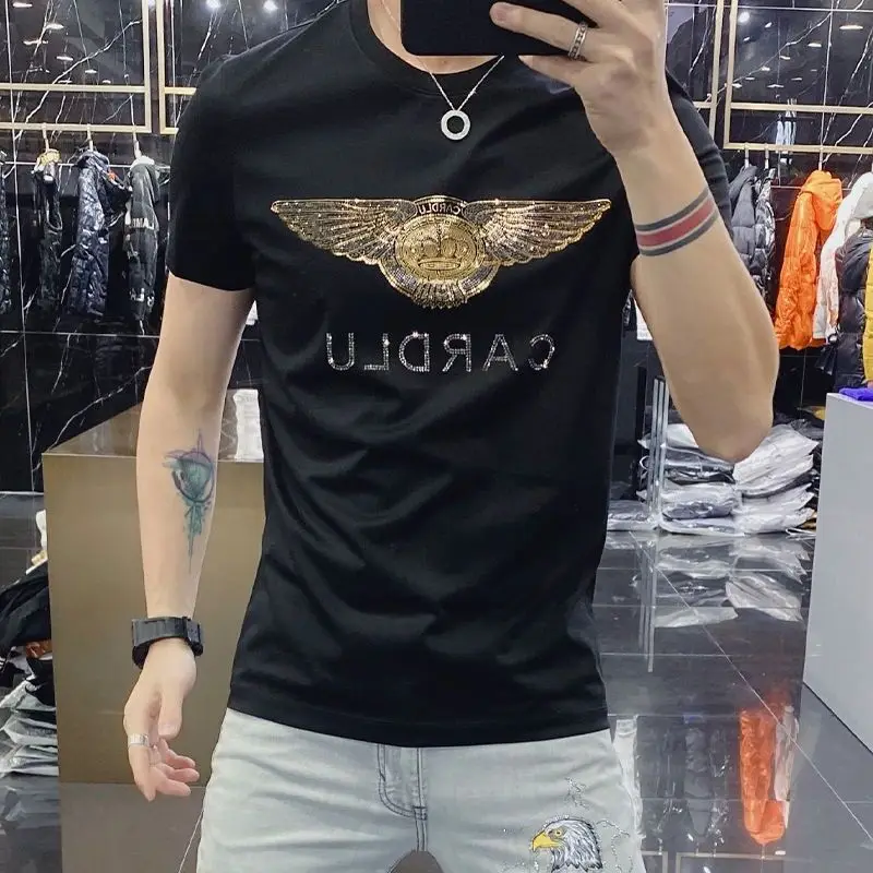 summer high quality camisas hombre con pedreria mercerized cotton t shirt slim fit t shirt for men best quality brand
