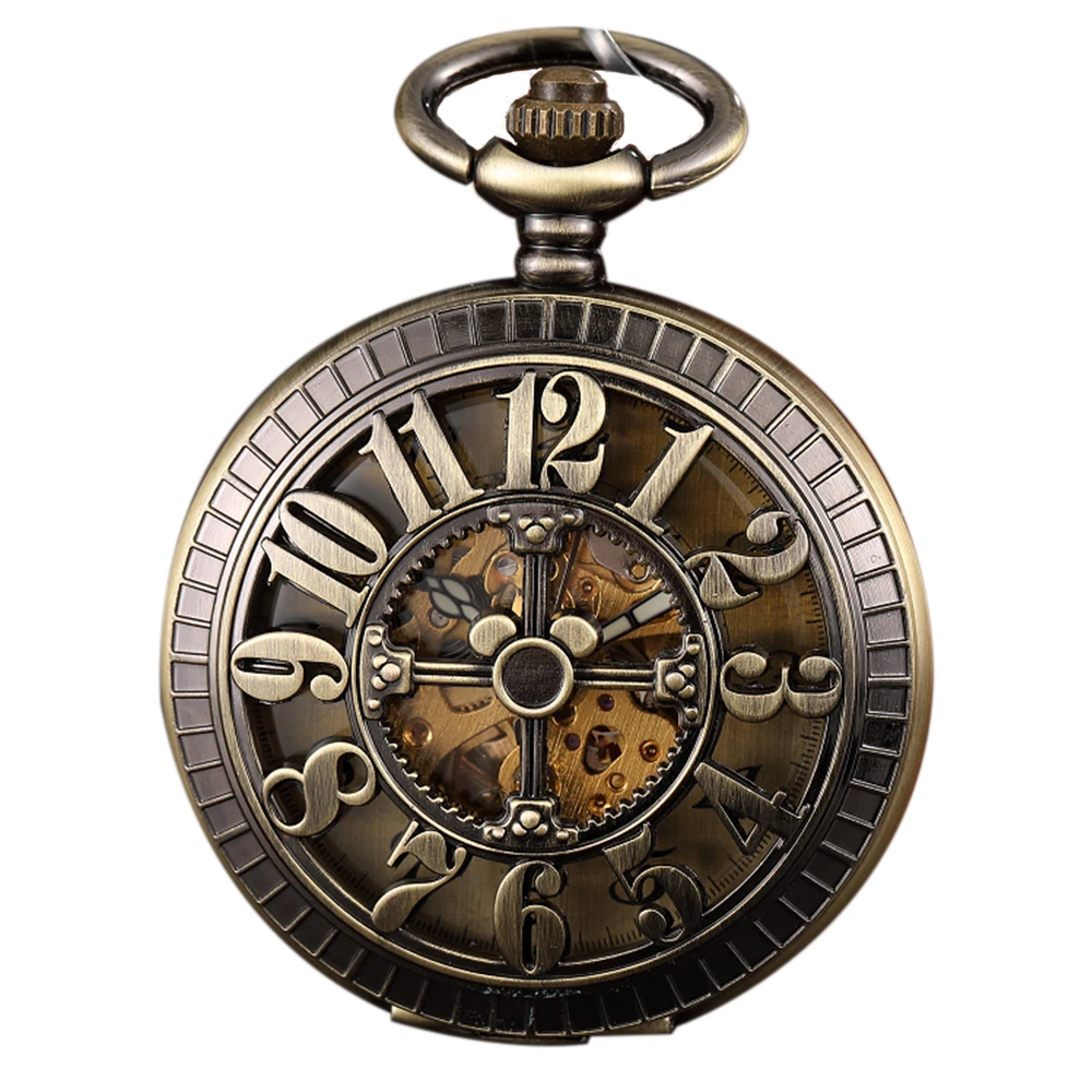 Vintage Bronze Hollowed Out Arabic Digital Clamshell Automatic Mechanical Pocket Watch