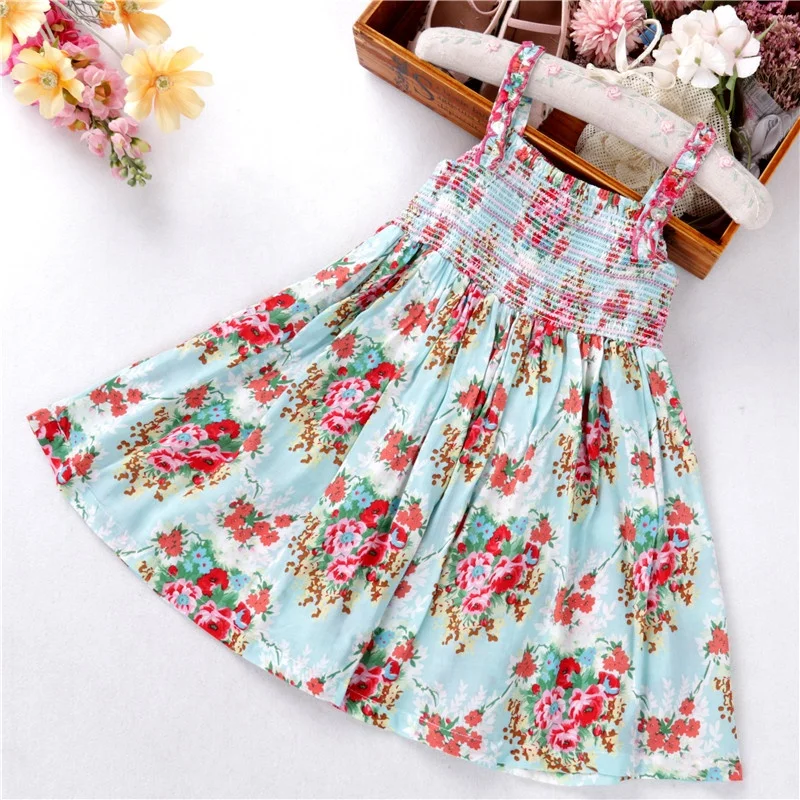B022643 dress for baby girl smocked dresses kids beach floral flower pink summer children clothes wholesale cotton