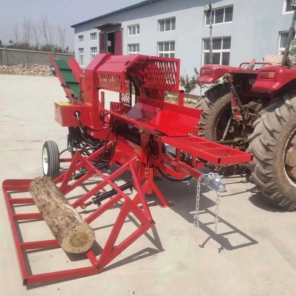 Hot sale forest wood machine wood cutting machine PTO version 400mm log diameter with log lifter, conveyor and splitting blades
