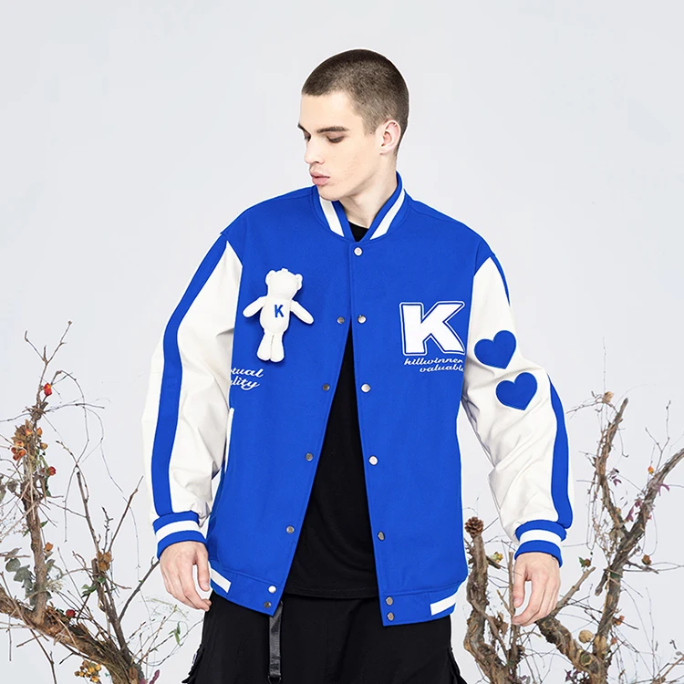 Killwinner Quickly Delivery Sportswear Embroidery Letter Custom Bomber Unisex Men Baseball Jacket with Toy Bear