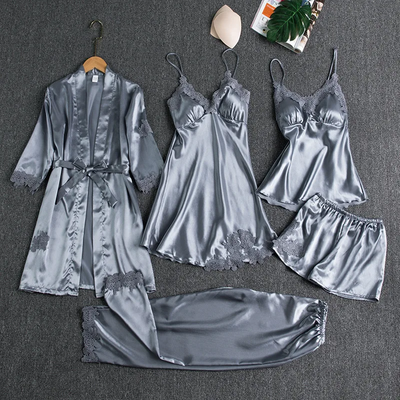 wholesale ladies Pajamas 5Pcs Set Satin Silk Home Suit Clothing Embroidery Plus size V-Neck Lace women Sexy Sleepwear